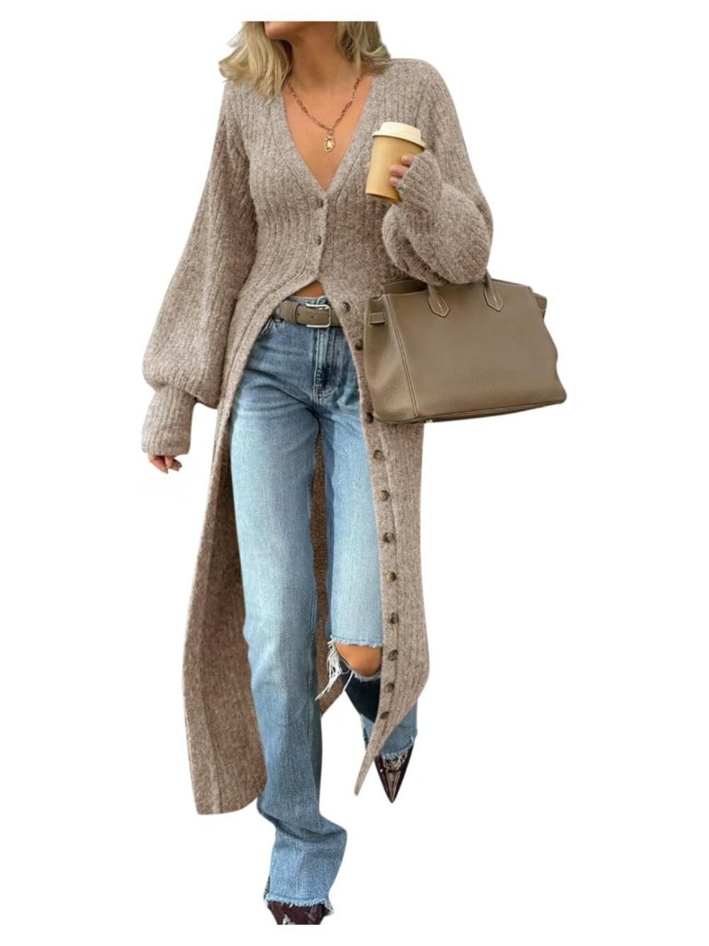 Chunky Knit Long Duster Cardigan Button Down Maxi Sweater Dress V Neck
